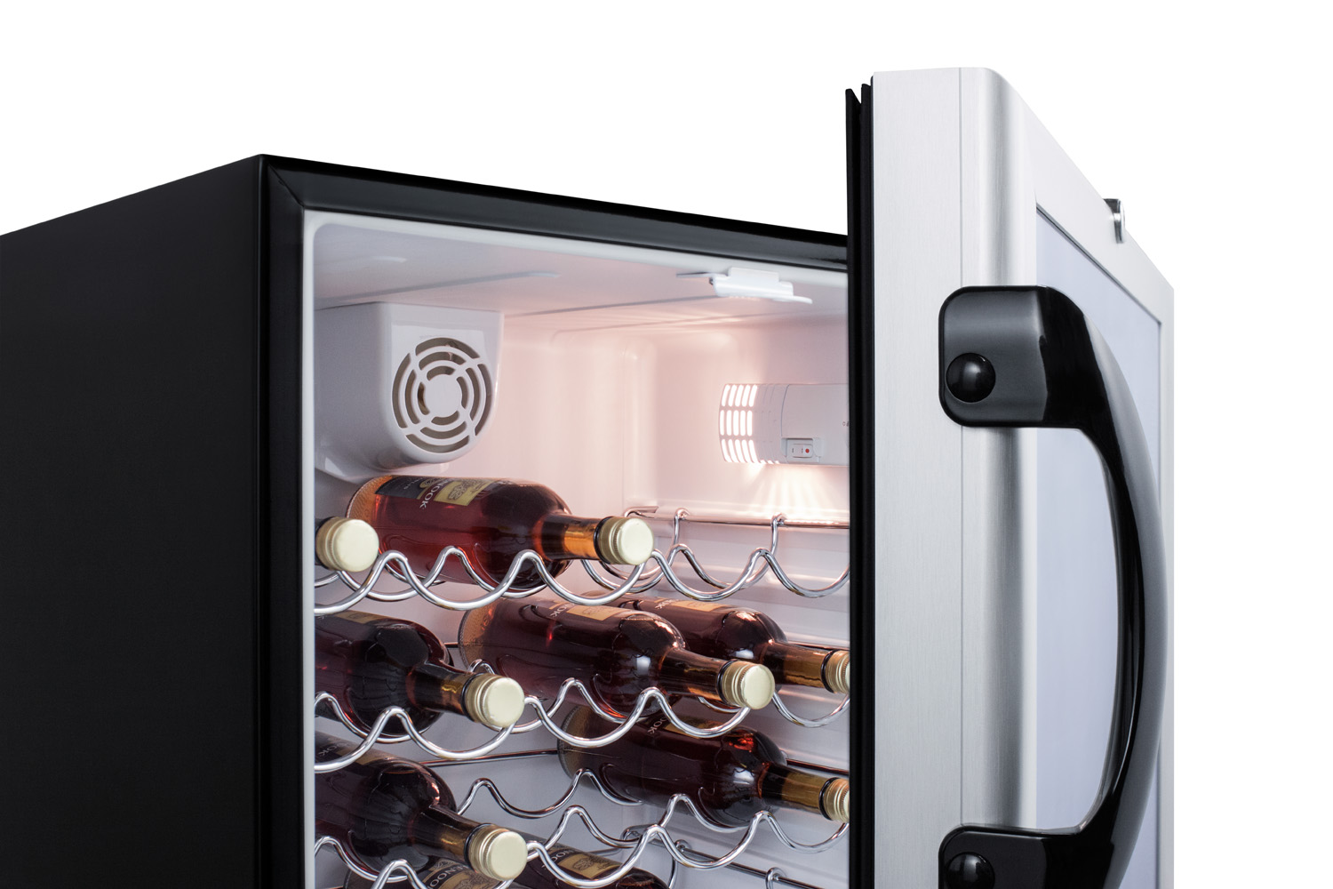 ADA compliant, commercially approved wine cellar for freestanding use with glass door, lock, and black cabinet